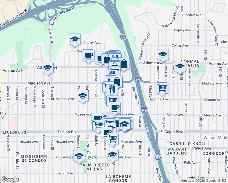 map of restaurants, bars, coffee shops, grocery stores, and more near 4542 30th Street in San Diego