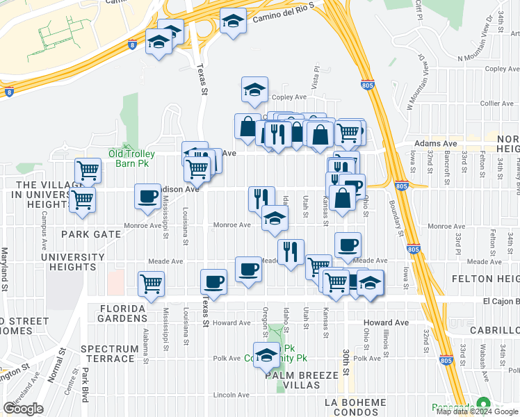 map of restaurants, bars, coffee shops, grocery stores, and more near 4541 Oregon Street in San Diego