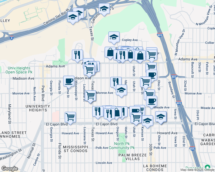 map of restaurants, bars, coffee shops, grocery stores, and more near 4544 Hamilton Street in San Diego
