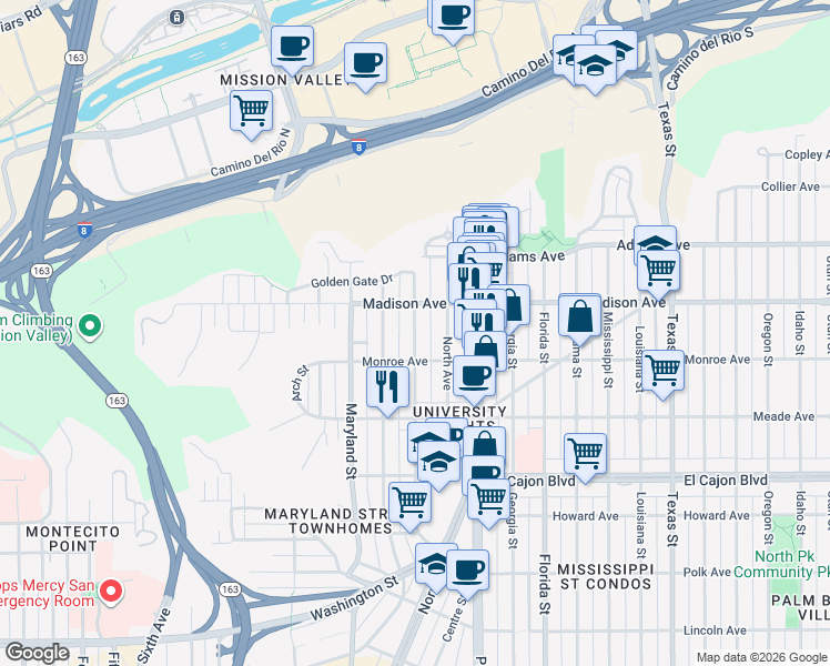 map of restaurants, bars, coffee shops, grocery stores, and more near 4545 Campus Avenue in San Diego