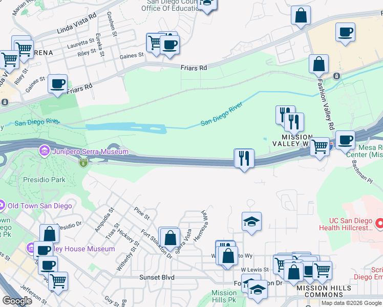 map of restaurants, bars, coffee shops, grocery stores, and more near 1904 Hotel Circle North in San Diego