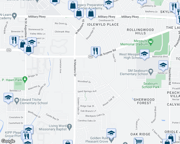 map of restaurants, bars, coffee shops, grocery stores, and more near 2716 Briarbank Circle in Dallas