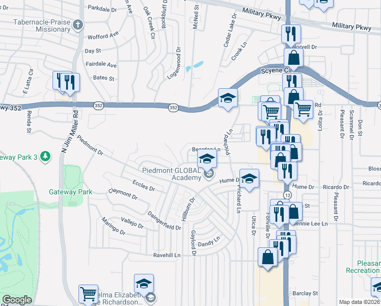 map of restaurants, bars, coffee shops, grocery stores, and more near 7619 Bearden Lane in Dallas