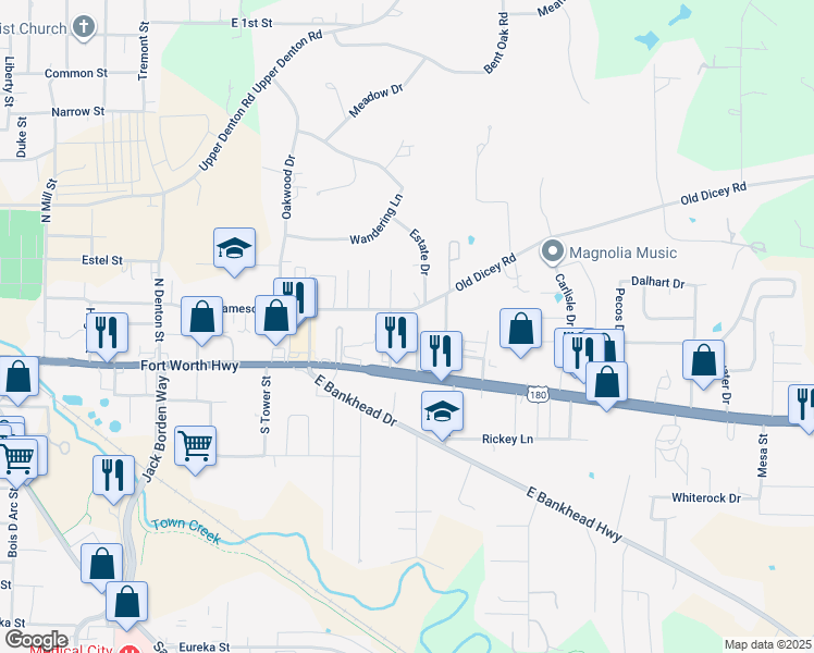 map of restaurants, bars, coffee shops, grocery stores, and more near 1205 Camelia Street in Weatherford