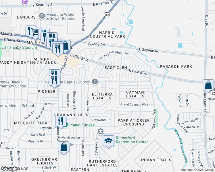 map of restaurants, bars, coffee shops, grocery stores, and more near 608 Coolwood Lane in Mesquite