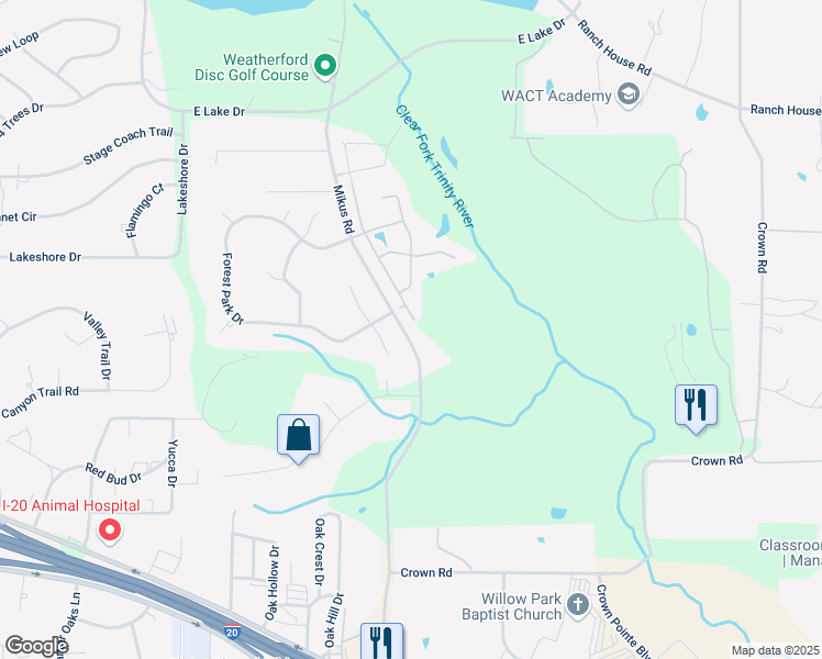 map of restaurants, bars, coffee shops, grocery stores, and more near 1016 Meadow Lark lane in Weatherford