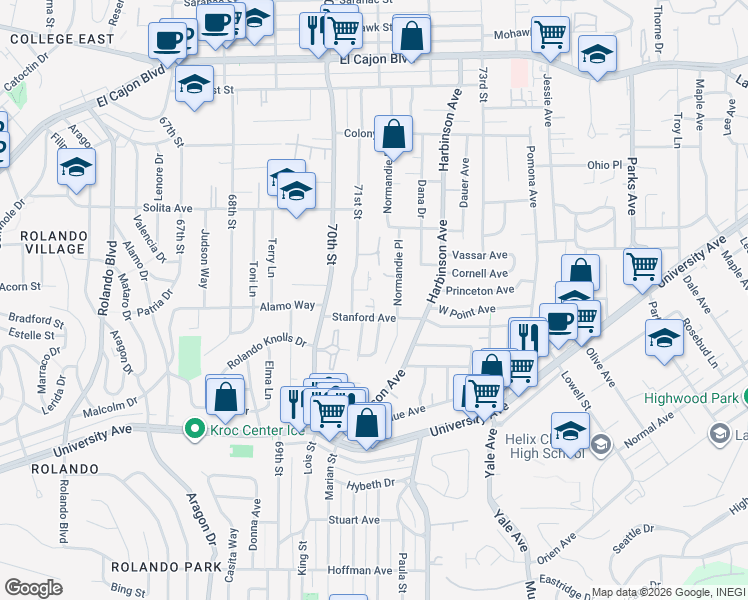 map of restaurants, bars, coffee shops, grocery stores, and more near 7100 Stanford Avenue in La Mesa