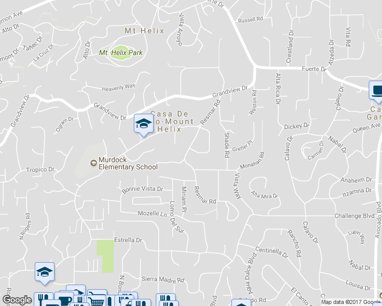 map of restaurants, bars, coffee shops, grocery stores, and more near 4457 Hillview Drive in La Mesa