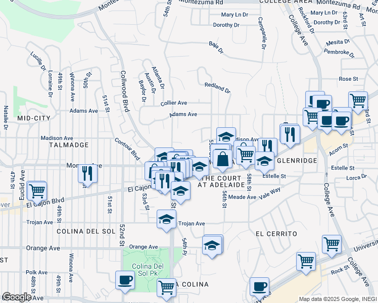 map of restaurants, bars, coffee shops, grocery stores, and more near 5420 Gilbert Drive in San Diego