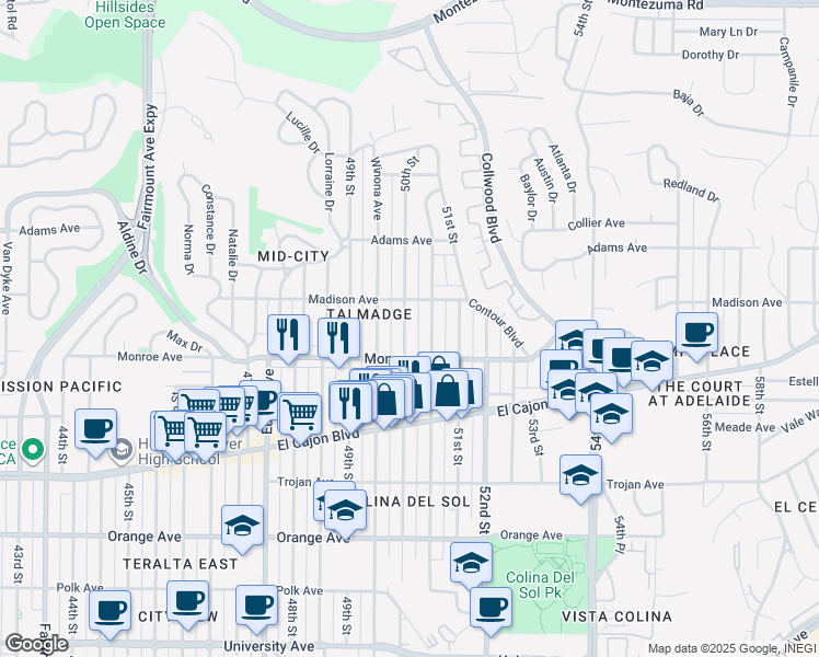 map of restaurants, bars, coffee shops, grocery stores, and more near 4555 50th Street in San Diego