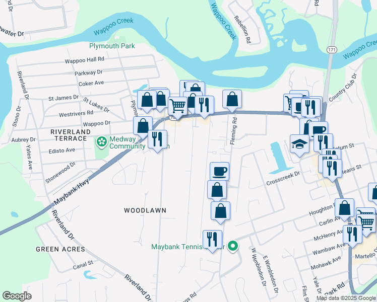 map of restaurants, bars, coffee shops, grocery stores, and more near 262a Stefan Drive in Charleston