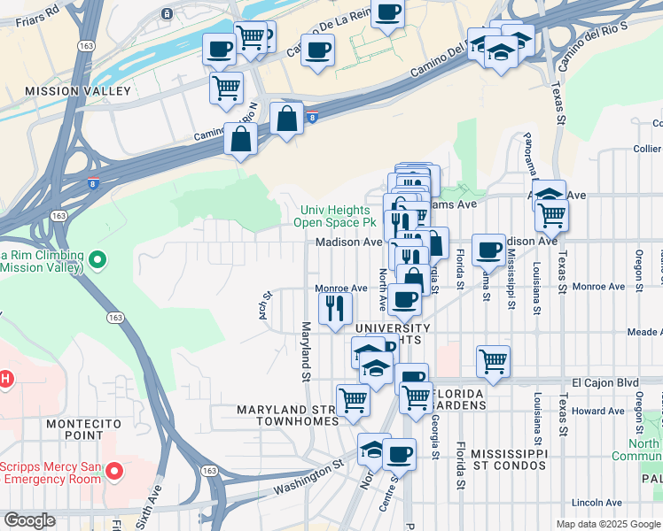 map of restaurants, bars, coffee shops, grocery stores, and more near 4543 Cleveland Avenue in San Diego