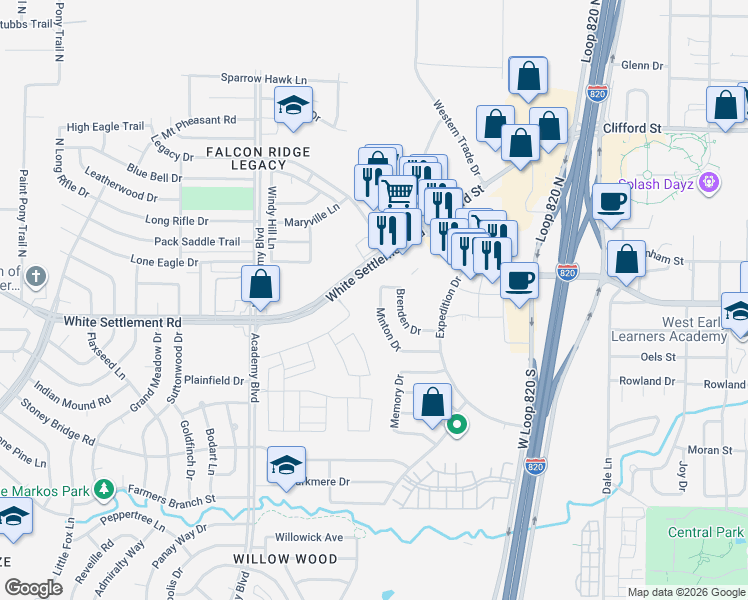map of restaurants, bars, coffee shops, grocery stores, and more near 9725 Minton Drive in Fort Worth