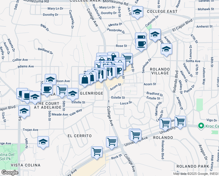 map of restaurants, bars, coffee shops, grocery stores, and more near 4569 College Avenue in San Diego