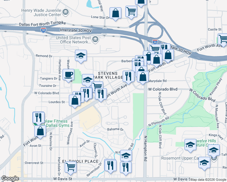map of restaurants, bars, coffee shops, grocery stores, and more near 2404 Fort Worth Avenue in Dallas