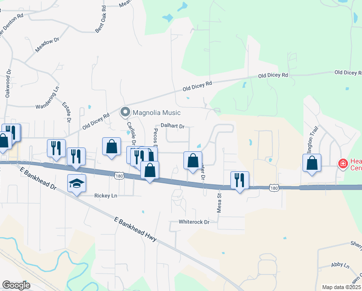 map of restaurants, bars, coffee shops, grocery stores, and more near 309 Alpine Drive in Weatherford