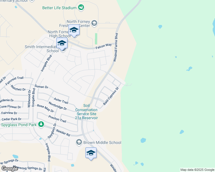 map of restaurants, bars, coffee shops, grocery stores, and more near 8975 Blackhaw Street in Forney