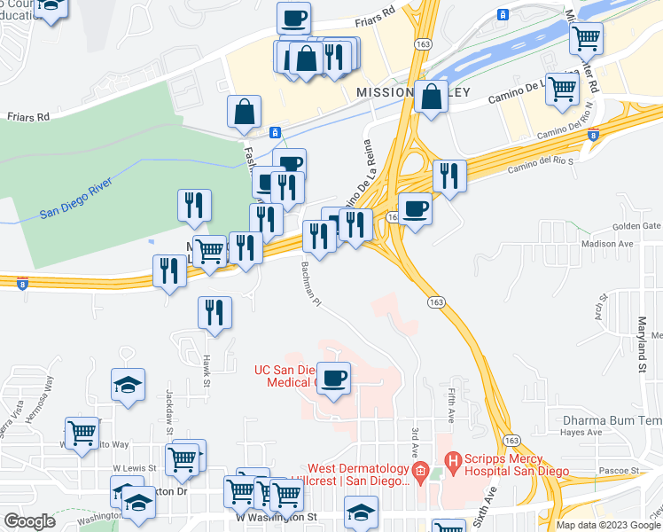 map of restaurants, bars, coffee shops, grocery stores, and more near 445 Hotel Circle South in San Diego