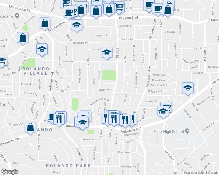 map of restaurants, bars, coffee shops, grocery stores, and more near 6950 Alamo Way in La Mesa