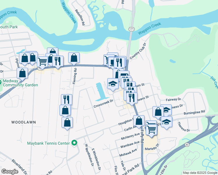 map of restaurants, bars, coffee shops, grocery stores, and more near 8 Town Park Lane in Charleston