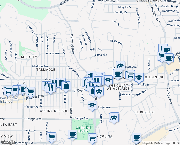 map of restaurants, bars, coffee shops, grocery stores, and more near 4501 Collwood Boulevard in San Diego