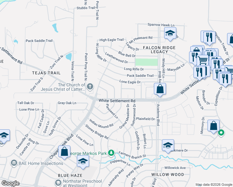 map of restaurants, bars, coffee shops, grocery stores, and more near 112 North Bugle Drive in Fort Worth