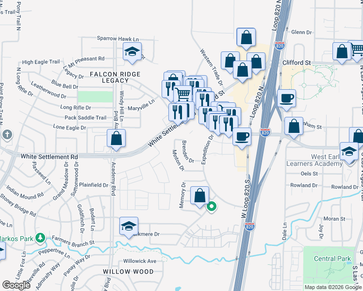 map of restaurants, bars, coffee shops, grocery stores, and more near 9717 Brenden Drive in Fort Worth