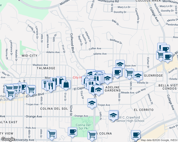 map of restaurants, bars, coffee shops, grocery stores, and more near in San Diego