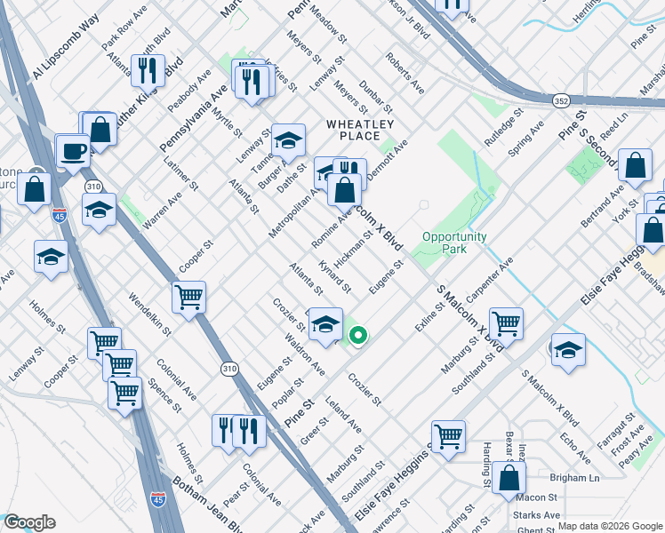 map of restaurants, bars, coffee shops, grocery stores, and more near 3834 Kynard Street in Dallas