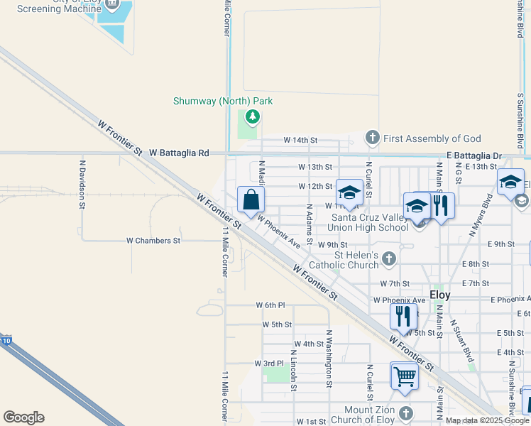 map of restaurants, bars, coffee shops, grocery stores, and more near 1001 North Madison Street in Eloy