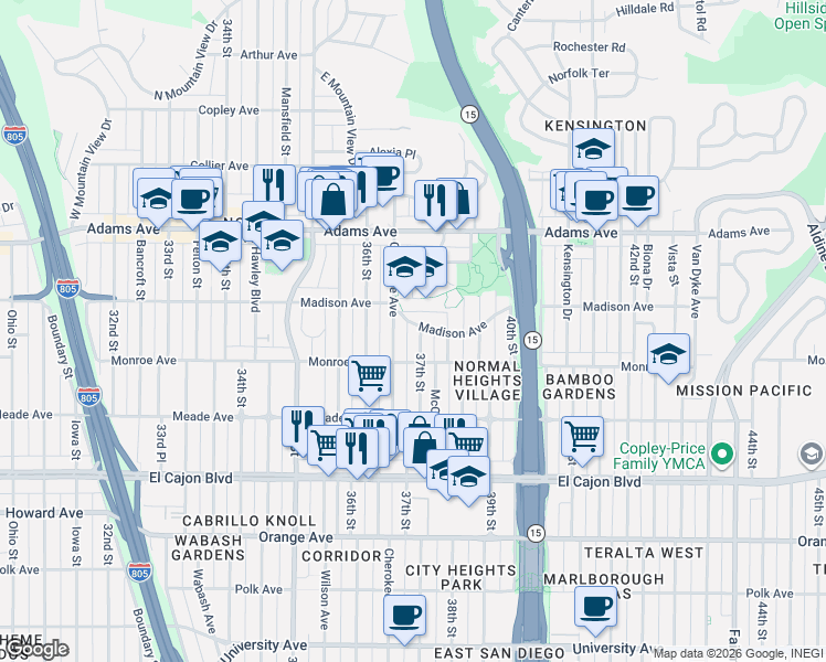 map of restaurants, bars, coffee shops, grocery stores, and more near 3681 Madison Avenue in San Diego