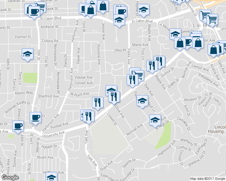 map of restaurants, bars, coffee shops, grocery stores, and more near 4496 Olive Avenue in La Mesa