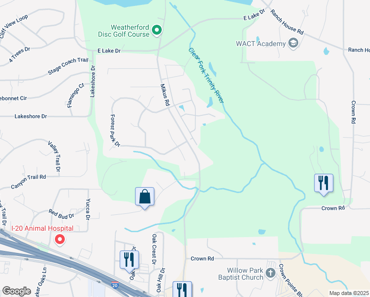 map of restaurants, bars, coffee shops, grocery stores, and more near 1016 Meadow Lark Lane in Weatherford