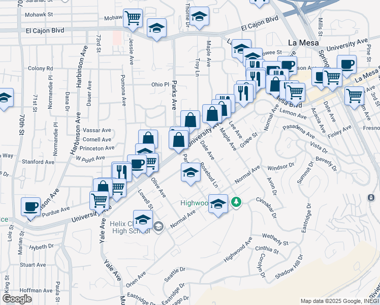map of restaurants, bars, coffee shops, grocery stores, and more near 7621 University Avenue in La Mesa