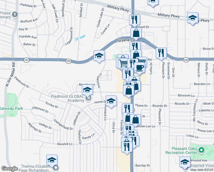 map of restaurants, bars, coffee shops, grocery stores, and more near 2818 Prichard Lane in Dallas
