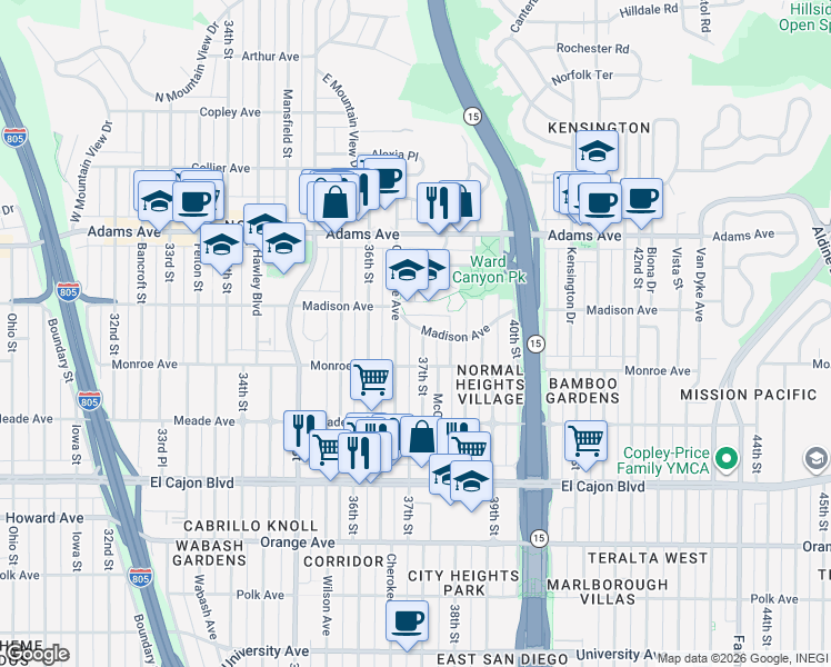 map of restaurants, bars, coffee shops, grocery stores, and more near 3681 Madison Avenue in San Diego