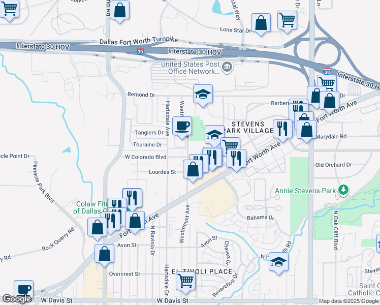 map of restaurants, bars, coffee shops, grocery stores, and more near 2739 W Colorado Blvd in Dallas