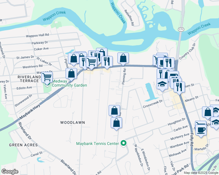 map of restaurants, bars, coffee shops, grocery stores, and more near 248A Howle Avenue in Charleston