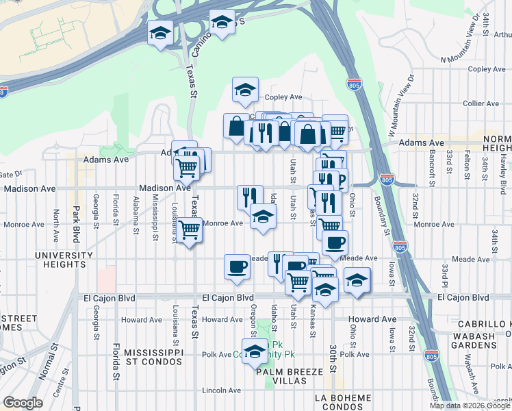 map of restaurants, bars, coffee shops, grocery stores, and more near 4545 Oregon Street in San Diego