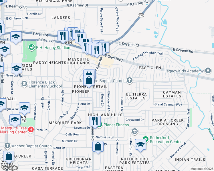 map of restaurants, bars, coffee shops, grocery stores, and more near 605 Bluebonnet Lane in Mesquite