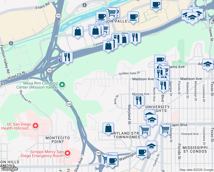 map of restaurants, bars, coffee shops, grocery stores, and more near 4555 Rhode Island Street in San Diego
