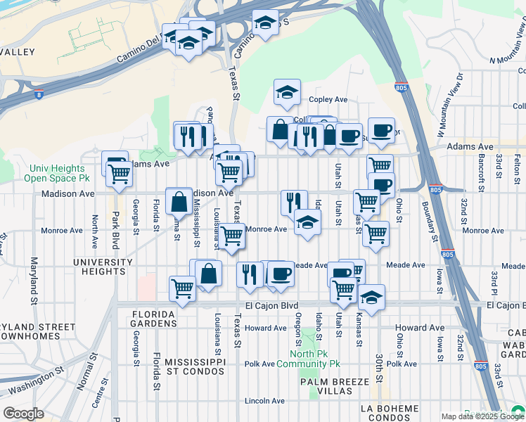 map of restaurants, bars, coffee shops, grocery stores, and more near 4546 Arizona Street in San Diego