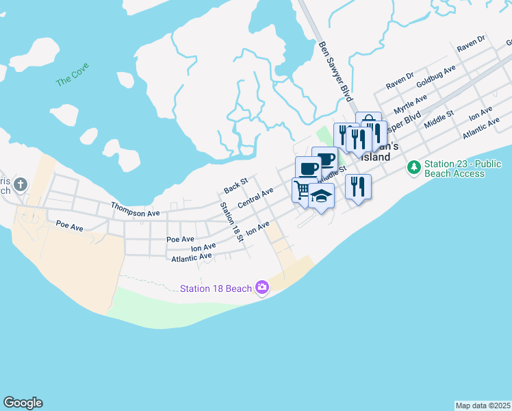 map of restaurants, bars, coffee shops, grocery stores, and more near 1850 Middle Street in Sullivan's Island