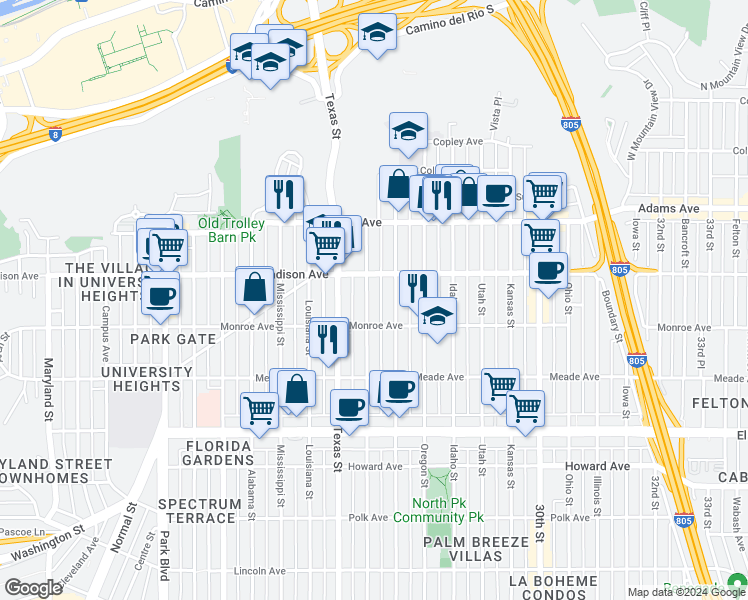 map of restaurants, bars, coffee shops, grocery stores, and more near 4545 Arizona Street in San Diego