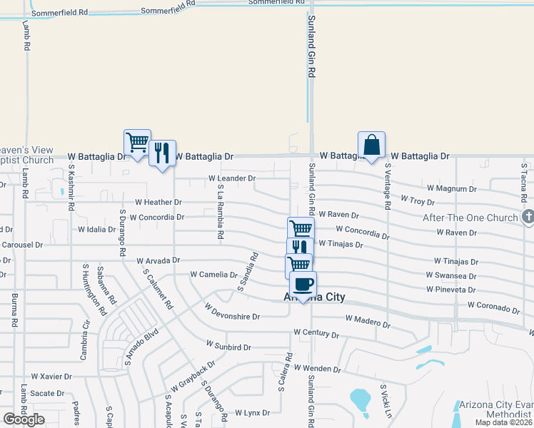 map of restaurants, bars, coffee shops, grocery stores, and more near 9843 West Heather Drive in Arizona City