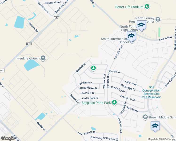map of restaurants, bars, coffee shops, grocery stores, and more near 2036 Natchez Drive in Forney