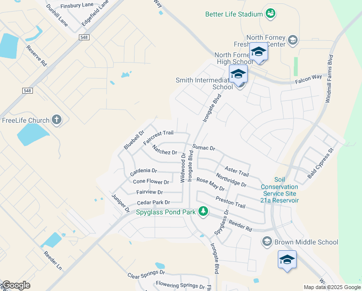 map of restaurants, bars, coffee shops, grocery stores, and more near 2202 Sumac Drive in Forney