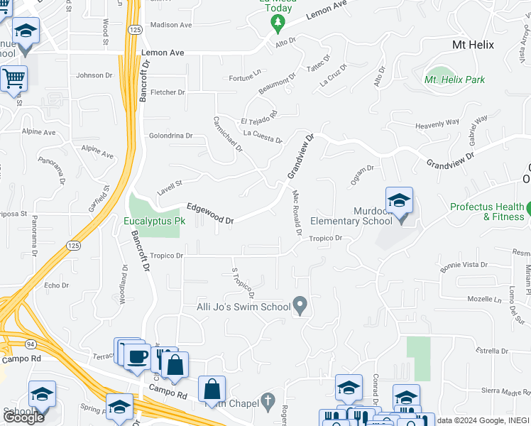 map of restaurants, bars, coffee shops, grocery stores, and more near 4368 Edgewood Ct in La Mesa