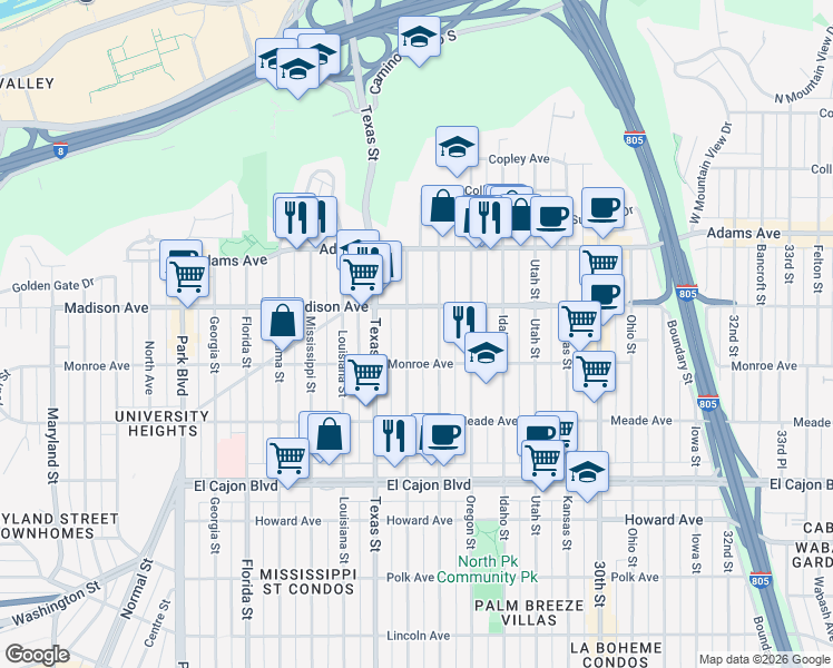map of restaurants, bars, coffee shops, grocery stores, and more near 4545 Arizona Street in San Diego