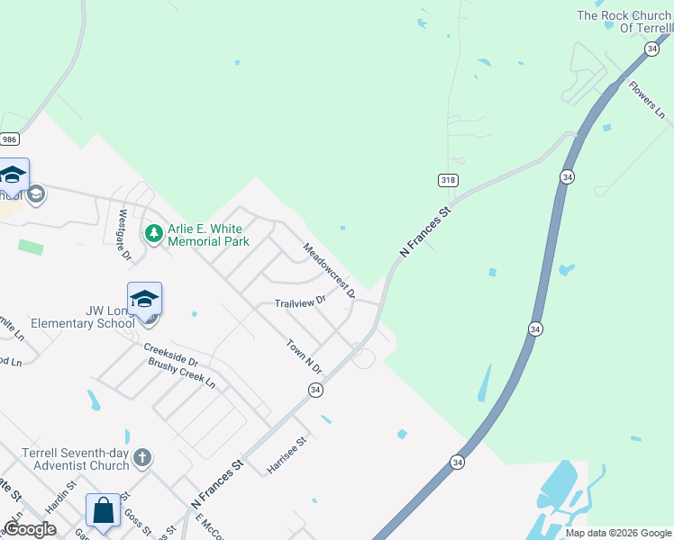 map of restaurants, bars, coffee shops, grocery stores, and more near 228 Meadowcrest Drive in Terrell